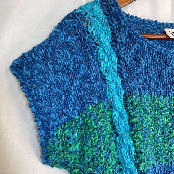 DONAGAIN Women’s Vintage Blue Linen Knit Short Sleeve Sweater Size Medium - Picture 4 of 9